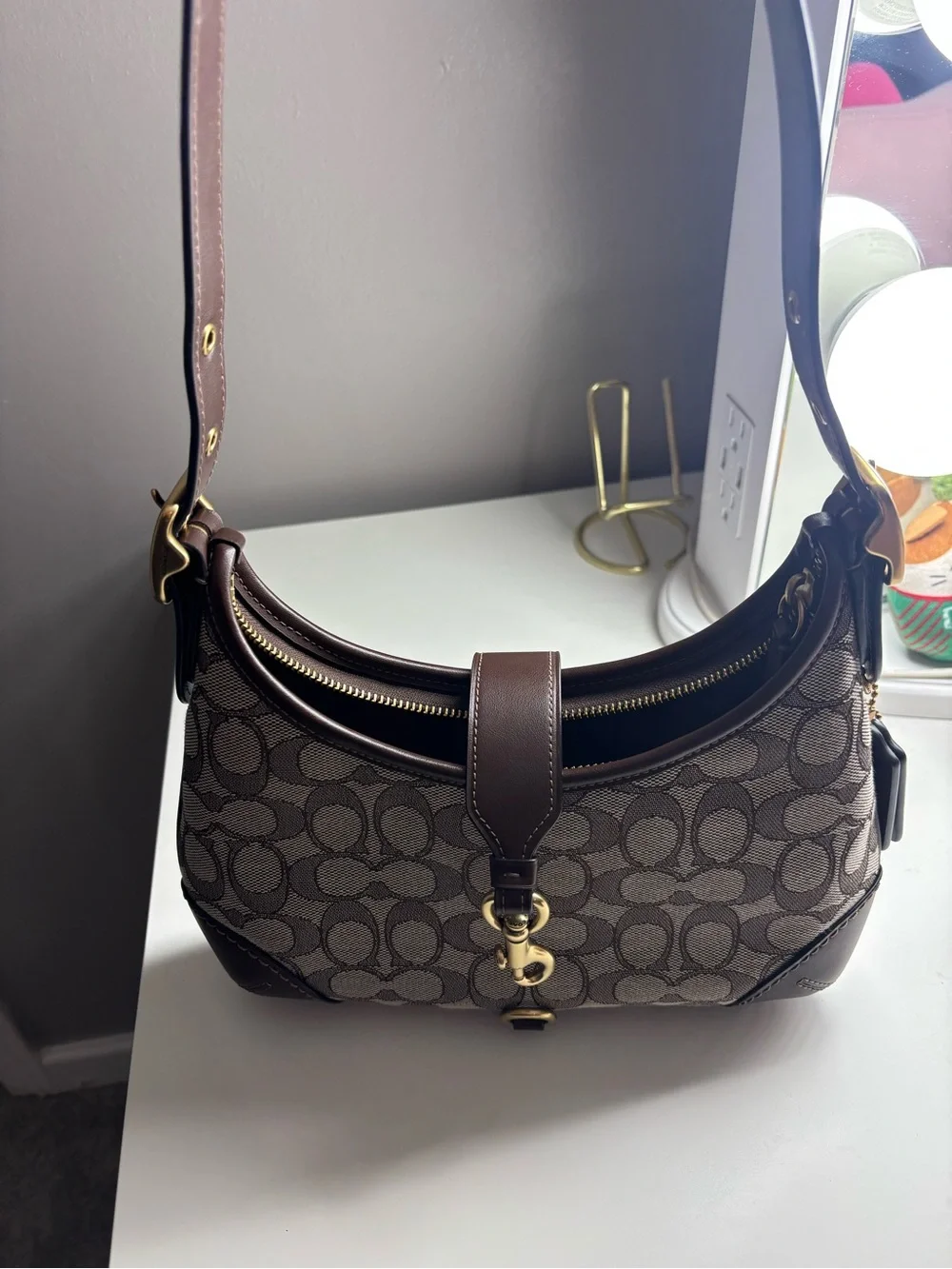Coach Brown Signature Canvas Shoulder Bag with Gold Hardware Hamptons Hobo Bag